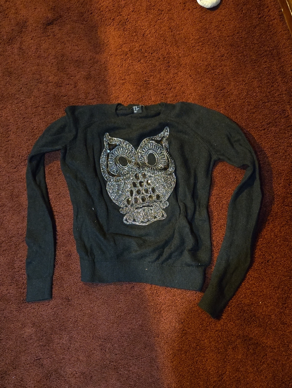 H&M Black Knit Sweater with Beaded Owl Motif